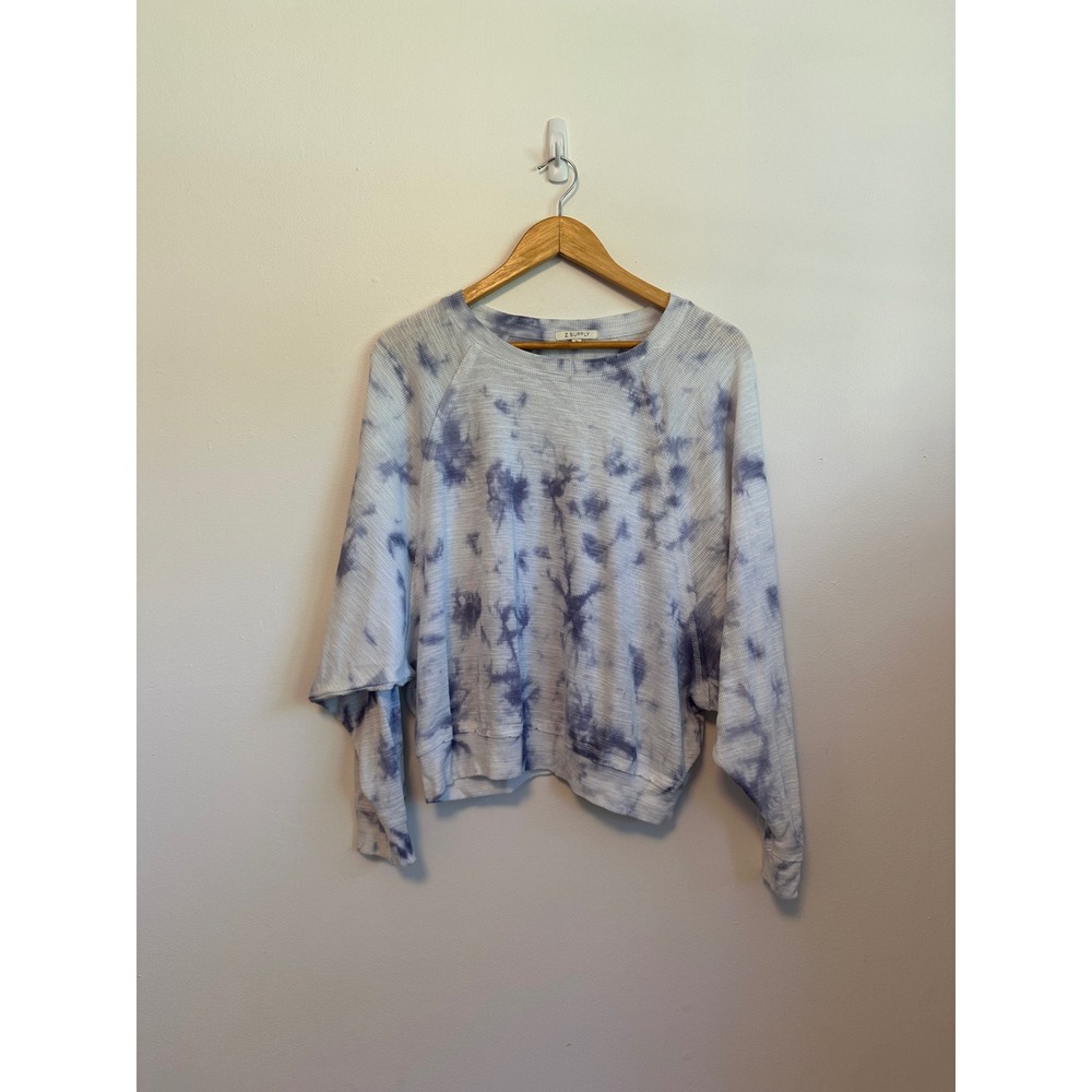 Z Supply Blue + White Tie Dye Thermal Waffle Knit Oversized Sweatshirt | Medium